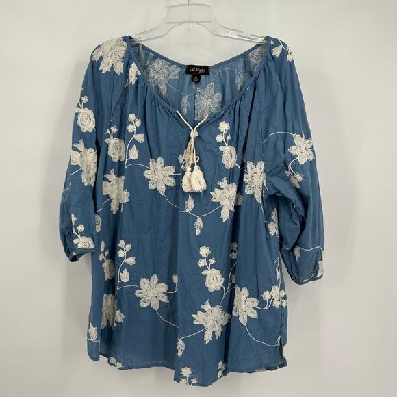 Cal Style Womens Pullover Top Size XL Blue Embroidered Floral Boho Hippie Flowy - Picture 1 of 8